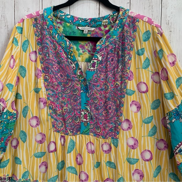 John Mark Womens XL Floral Paisley Patchwork Yellow Teal Boho Tunic Top NWT - Picture 3 of 16